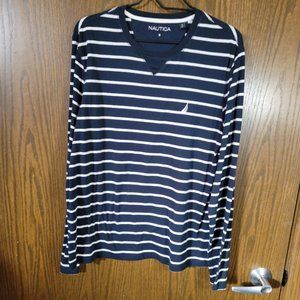 Nautica Blue and White Stripes Long Sleeve Nautical Boating Shirt Size Medium